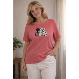 Alfred Dunner Coral Pink Flip Flop Applique Short Sleeve Top Petite XL Excellent